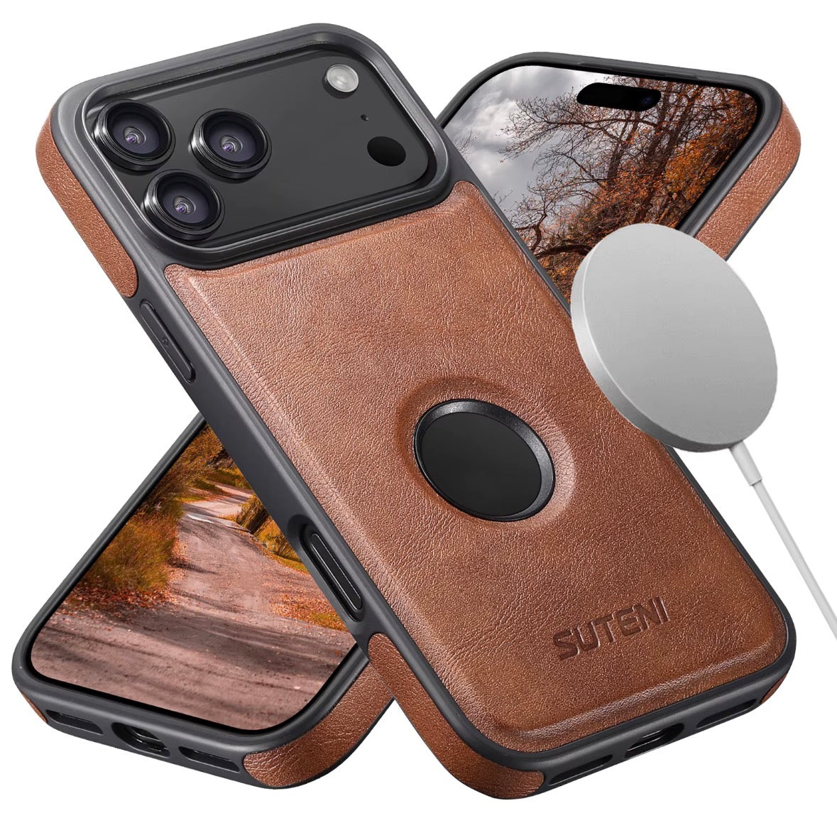 Suteni iPhone Case Wireless Charging Magnet Case with Smooth Texture Luxury Faux Leather