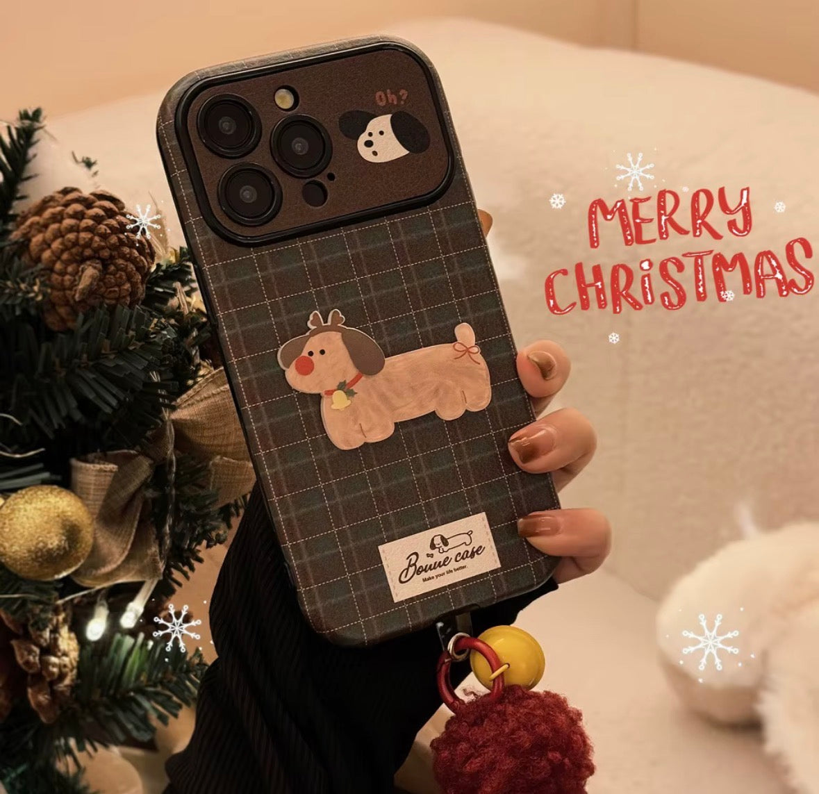 Vintage iPhone Checkered Christmas Dog PU Leather Mobile Phone Case
